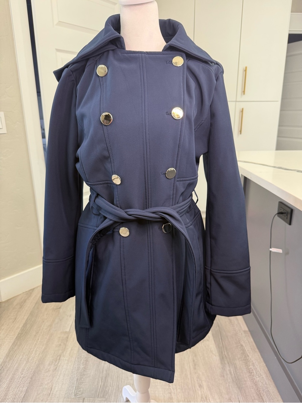 GUESS Women's Hooded Double Softshell Trench Coat Navy Blue Gold Button Size L